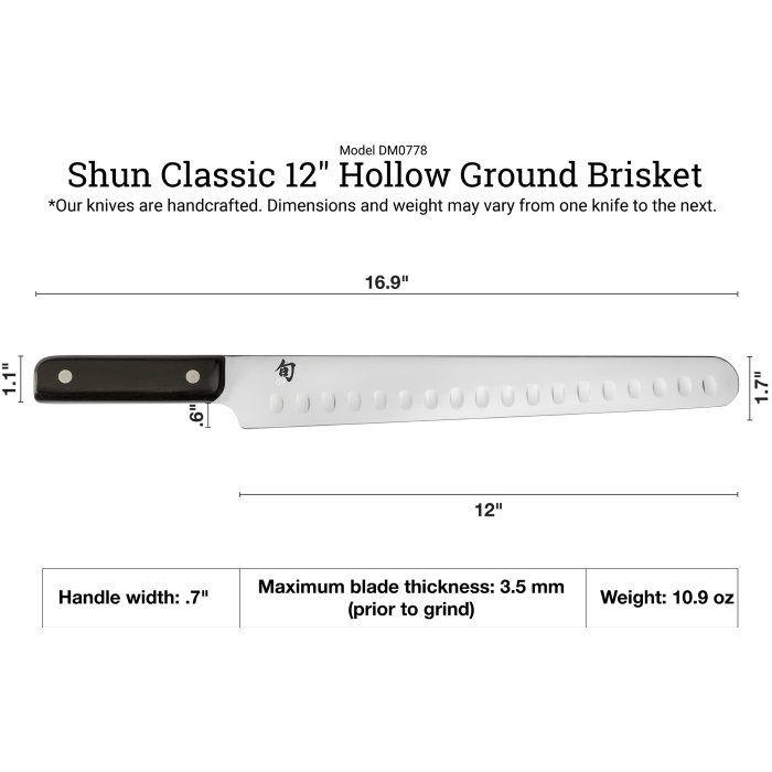 Shun Classic Hollow Ground Brisket Knife, 12, features a granton-edge blade, black PakkaWood handle, and Shun logo, perfect for precise meat slicing.