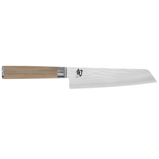 Shun Classic Knife Series nakiri knife with a Damascus-pattern blade and natural wood handle, ideal for precise vegetable cutting. Featured at Athens Cooks.