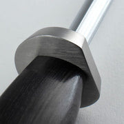 Close-up of Shun Satin Steel Combination Honing Steel hilt, showcasing the metal guard and wood-grained handle, ideal for precise knife edge maintenance.