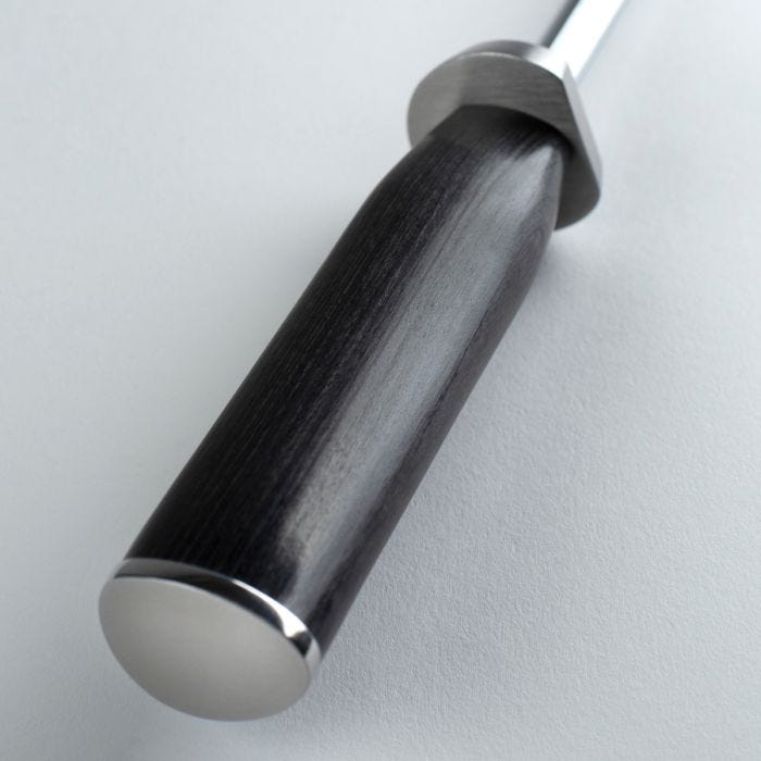 Shun | Satin Steel Combination Honing Steel, 9 inches, featuring a Pakkawood handle with a built-in 16° angle guide for precise knife edge realignment.