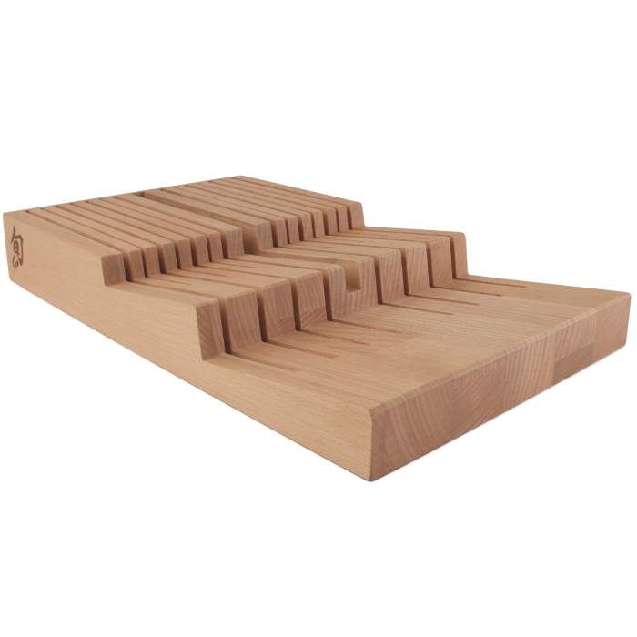 Shun | In-Drawer Knife Trays - 15 Slot: A beechwood knife storage block with parallel slots, designed for organizing up to 14 knives and honing steel in a drawer.
