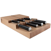 Shun 15-Slot In-Drawer Knife Tray featuring beechwood design, holds up to 14 knives and honing steel, ideal for organized drawer storage in compact kitchens.