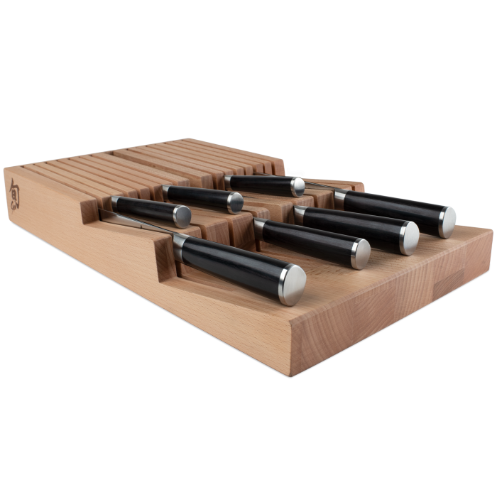 Shun 15-Slot In-Drawer Knife Tray featuring beechwood design, holds up to 14 knives and honing steel, ideal for organized drawer storage in compact kitchens.