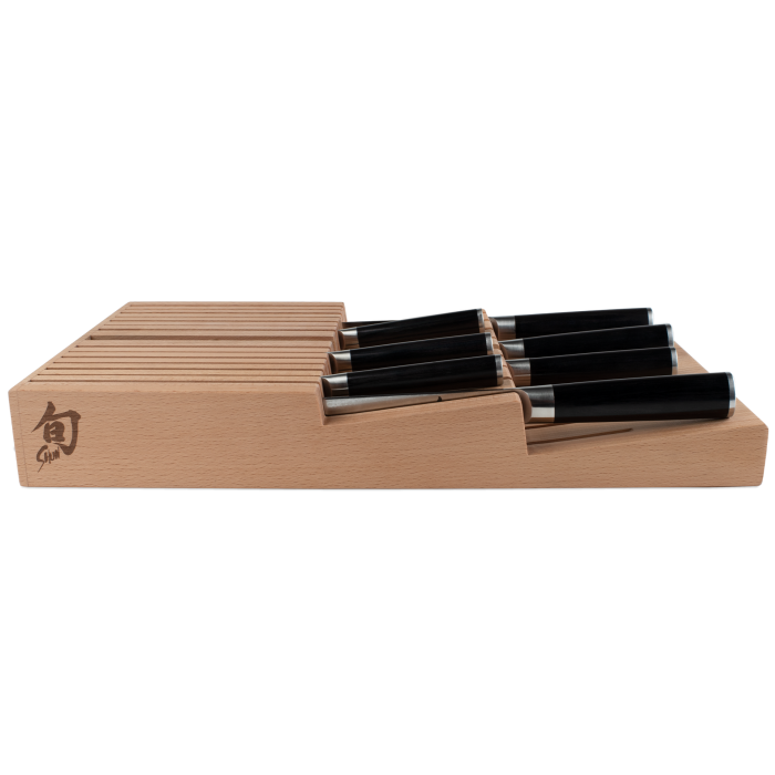 Shun | In-Drawer Knife Trays, 15 Slot: Beechwood tray with 14 knife slots plus space for honing steel, ideal for organized, space-saving kitchen storage.