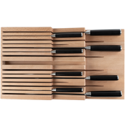 Shun | In-Drawer Knife Trays, 15 Slot: Beechwood block with black-handled knives, optimizing drawer space for up to 14 knives and honing steel.