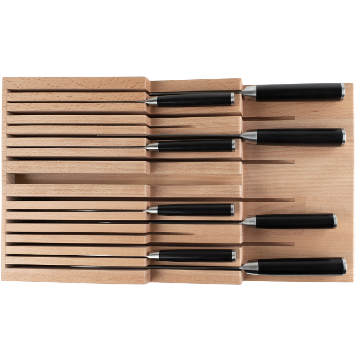 Shun | In-Drawer Knife Trays, 15 Slot: Beechwood block with black-handled knives, optimizing drawer space for up to 14 knives and honing steel.