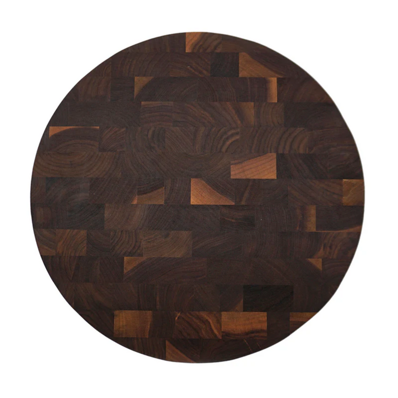 Round walnut end grain cutting board by J.K. Adams, 16 inches, ideal for professional use, available at Athens Cooks kitchen store.
