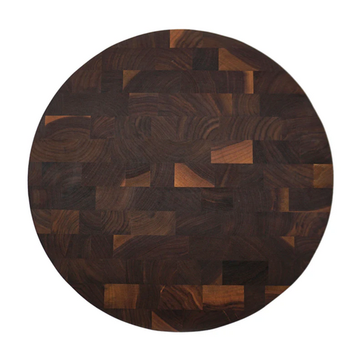 Round walnut end grain cutting board by J.K. Adams, 16 inches, ideal for professional use, available at Athens Cooks kitchen store.
