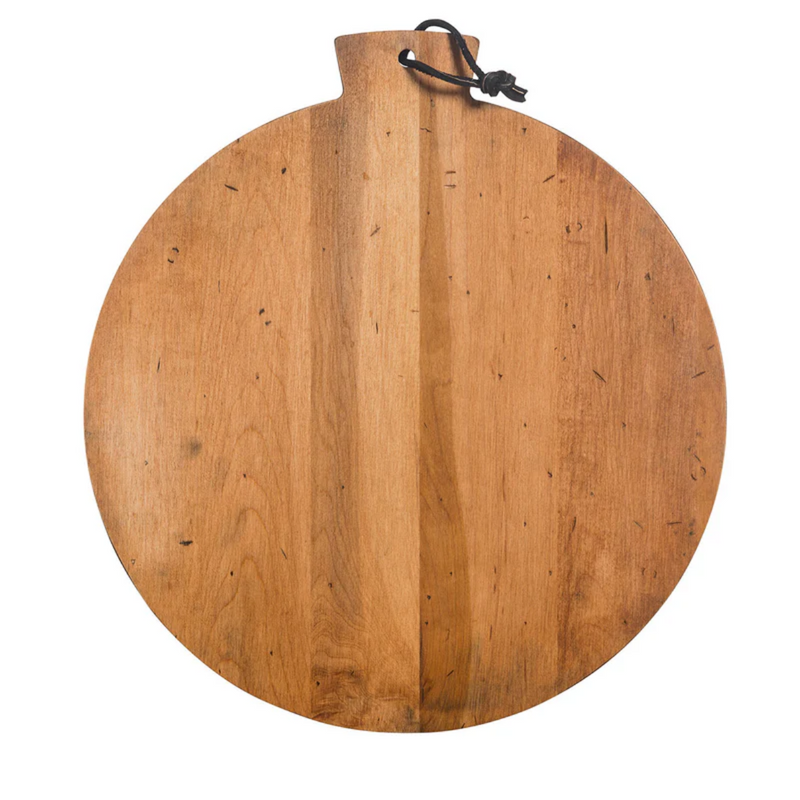 J.K. Adams Artisan Maple Round Serving Board with black cord, ideal for gourmet presentations, reflecting Athens Cooks' dedication to quality kitchen tools.