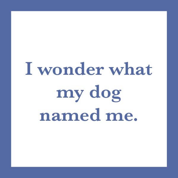 Coaster with the text “I wonder what my dog named me.”, designed for humor in kitchens or bars. Ideal for protecting surfaces with a playful touch.