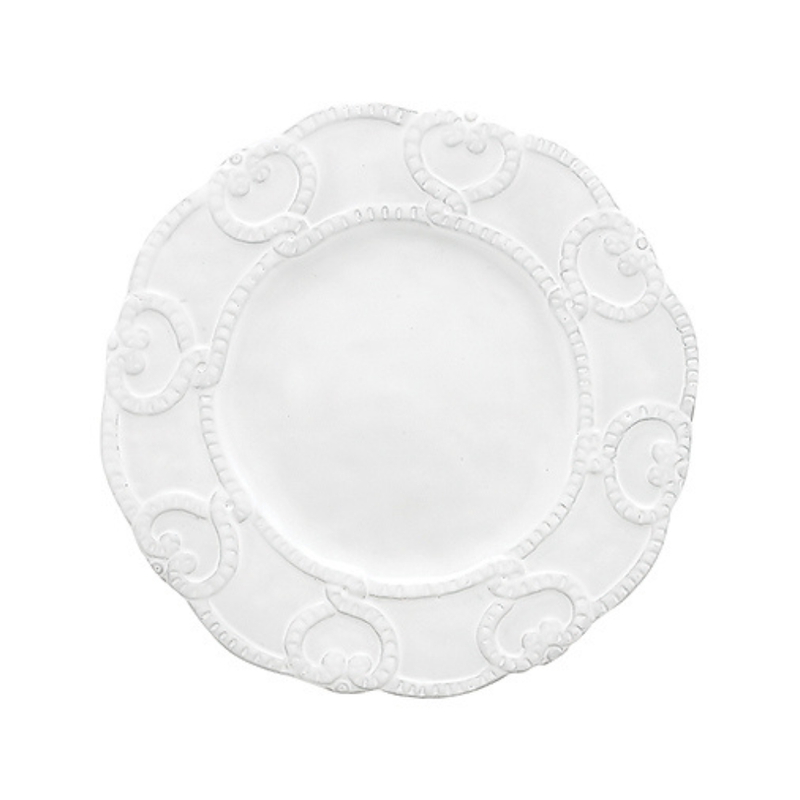 Bella Bianca Antique Lace Salad/Dessert Plate, Italian stoneware with intricate lace pattern, 9-inch diameter. Durable and elegant, ideal for enhancing any dining setting.