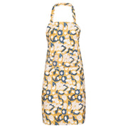 Couleur Nature - Forest Harvest Mustard & Blue Apron features an abstract floral pattern, halter neck strap, and large front pocket, hand-printed for artisan quality.