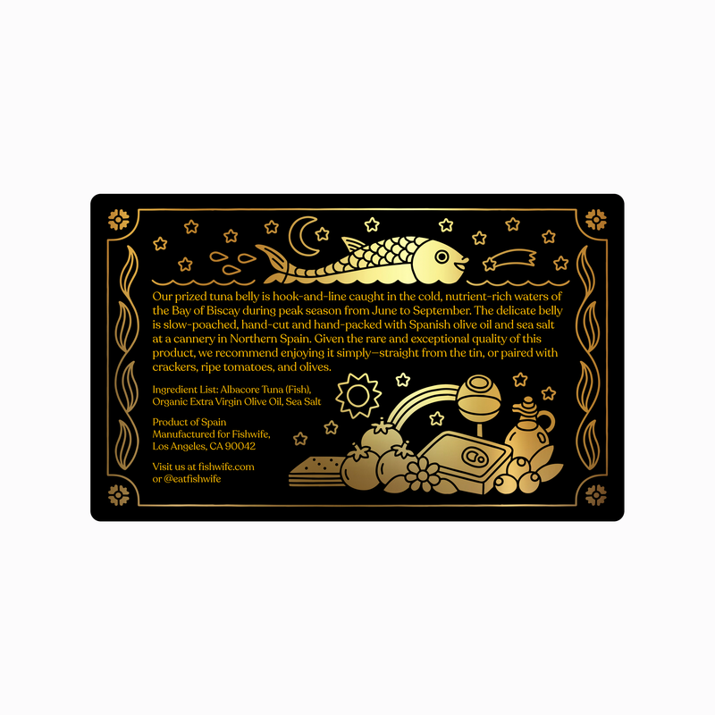 Fishwife - Tuna Belly label with gold illustrations of tuna, stars, and sea motifs; premium canned albacore tuna product, gourmet preparation details included.