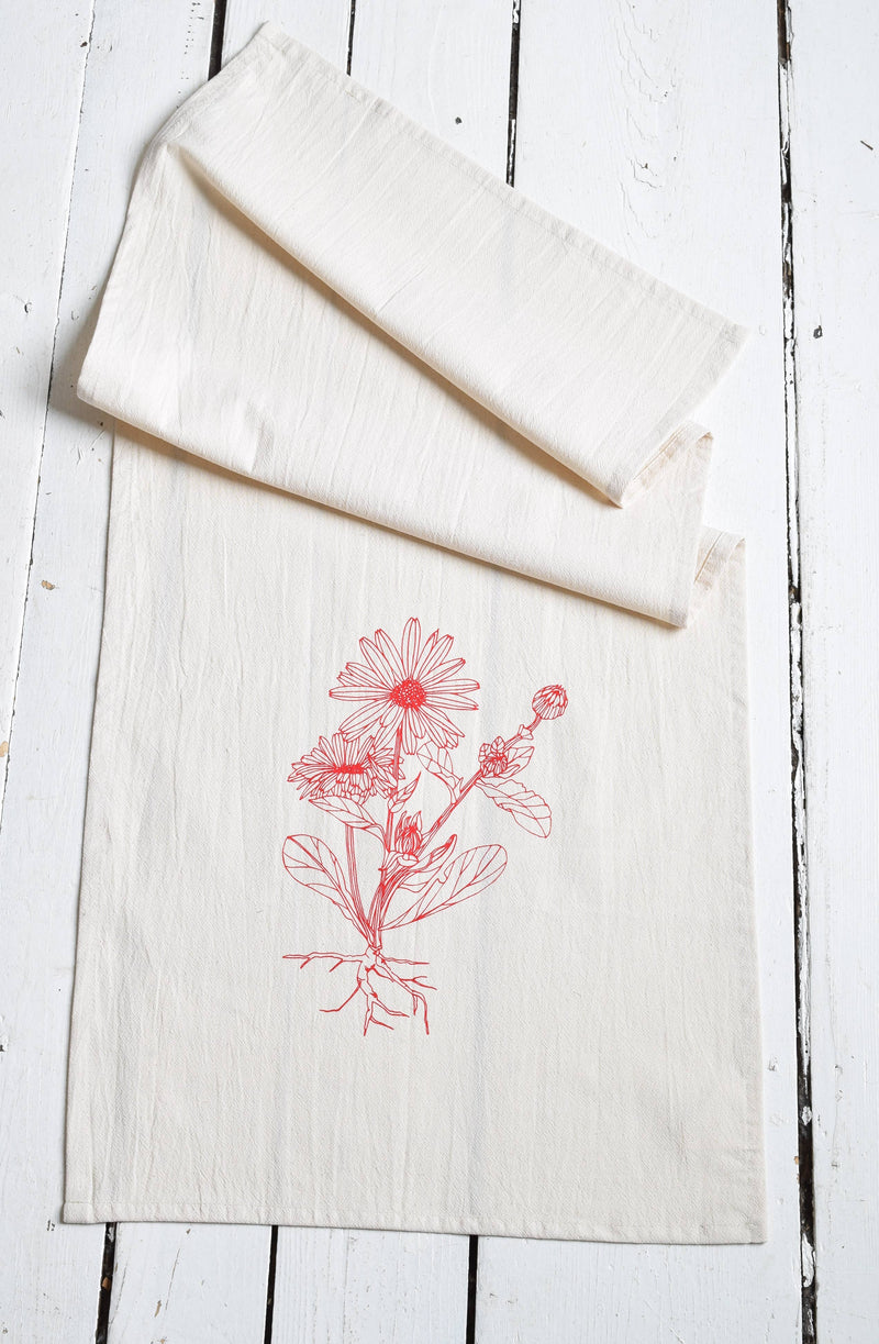 Hearth and Harrow - Organic Cotton Calendula Tea Towel in Red, featuring a red floral design, perfect for kitchen use and fine dining.
