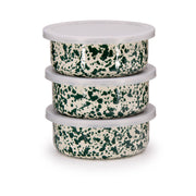 Crow Canyon Home - Splatter Enamelware 3-pc Storage Bowl Set: Stack of three round bowls with matching lids, featuring a distinctive splatter pattern, ideal for entertaining.