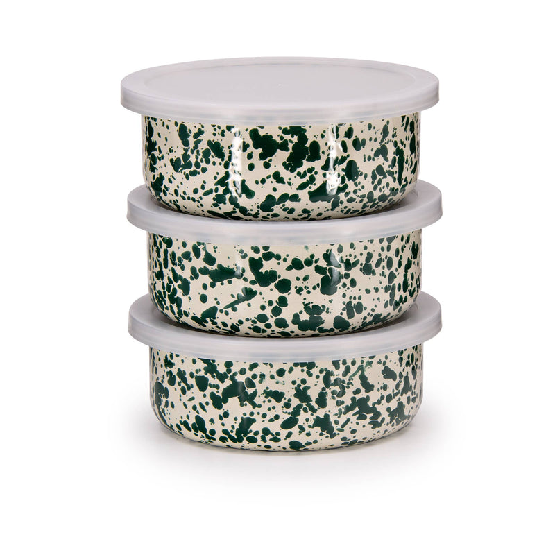 Crow Canyon Home - Splatter Enamelware 3-pc Storage Bowl Set: Stack of three round bowls with matching lids, featuring a distinctive splatter pattern, ideal for entertaining.