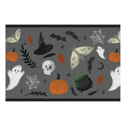 Carolina Creekhouse - Boo-Tiful FloorFlat: 2'x3' features a Halloween-themed pattern with ghosts, pumpkins, and more on a gray background, perfect for festive kitchen decor.