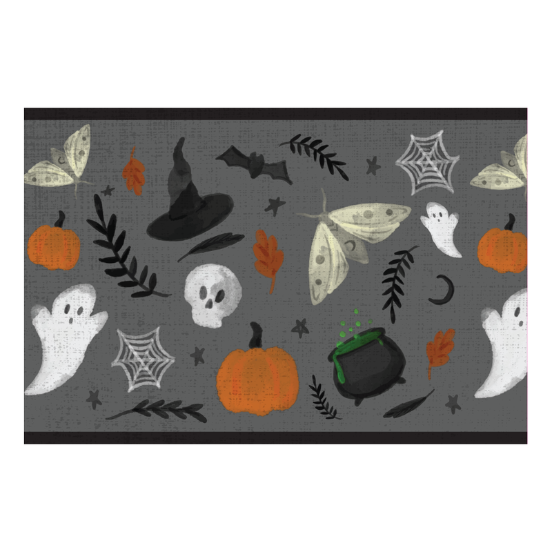 Carolina Creekhouse - Boo-Tiful FloorFlat: 2'x3' features a Halloween-themed pattern with ghosts, pumpkins, and more on a gray background, perfect for festive kitchen decor.