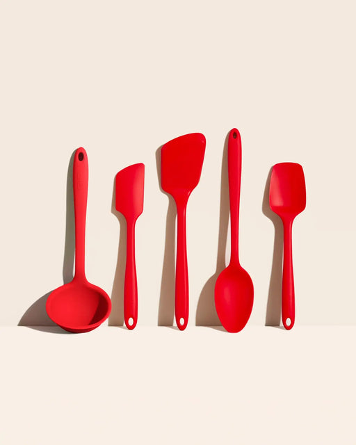 GIR Get It Right - GIR 5-Piece Ultimate Tool Set: Red, featuring red silicone ladle, spatulas, and spoon, each with hanging holes, ideal for versatile kitchen use.