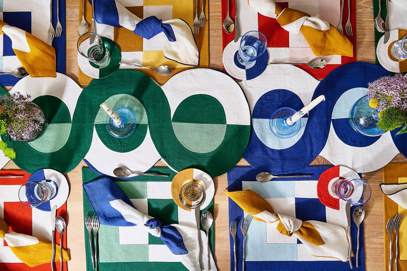 Misette | Bauhaus Linen Embroidered Runner in Blue: Bauhaus - Blue