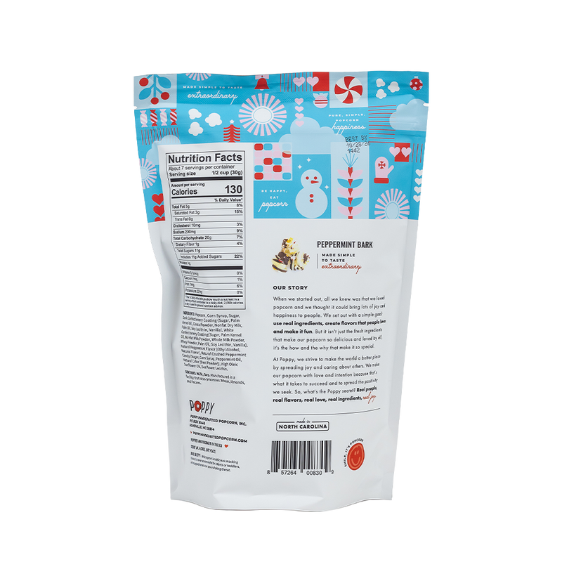 Poppy Hand-Crafted Popcorn - Peppermint Bark Popcorn pouch back with nutrition facts, ingredients, barcode, and brand story, ideal for festive gourmet snacking.