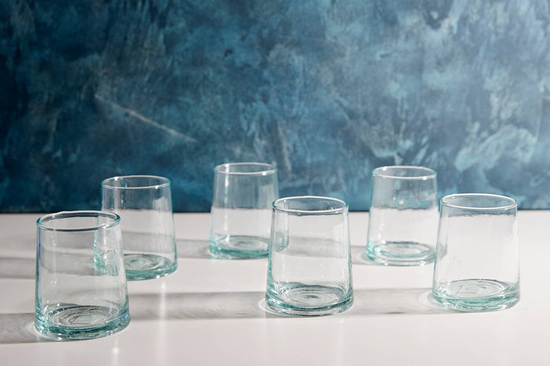 Moroccan Cone Glassware Small - Clear - Set of 6: Hand-blown cone-shaped glasses with visible bubbles, ideal for beverages or vases, crafted from recycled glass.