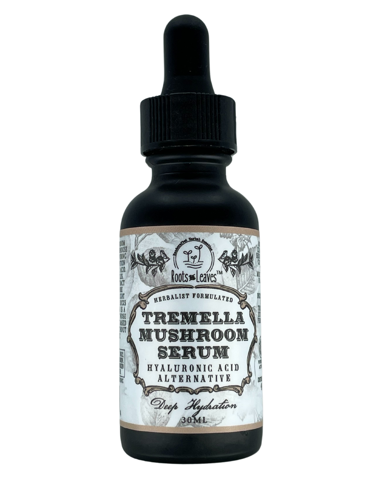 Roots And Leaves - Tremella Mushroom Serum in a 30 mL dark-glass dropper bottle, offering natural deep hydration as a hyaluronic acid alternative.
