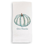French Graffiti - Blue Pumpkin: Natural Guest Towel features a teal pumpkin illustration with Give Thanks text, perfect for adding charm to your kitchen decor.