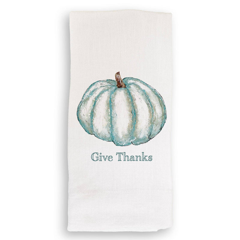 French Graffiti - Blue Pumpkin: Natural Guest Towel features a teal pumpkin illustration with Give Thanks text, perfect for adding charm to your kitchen decor.