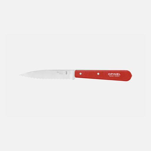 Opinel | Essential Small Serrated Knife, Red, featuring a red varnished hornbeam handle and a 10-cm micro-serrated stainless steel blade, ideal for slicing and cutting.
