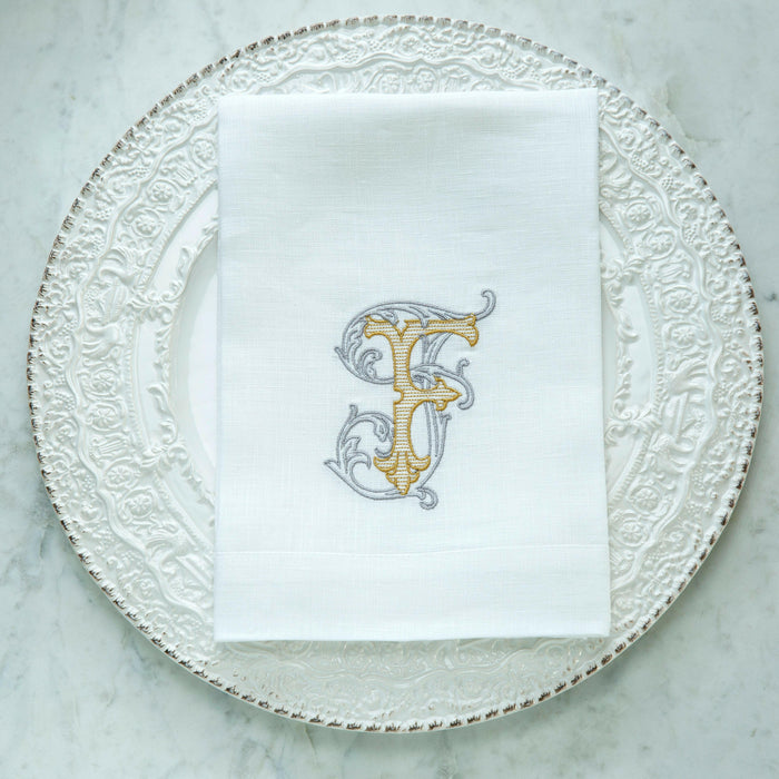 Crown Linen Designs | Vintage Vine Monogram Tri-Fold Napkin.