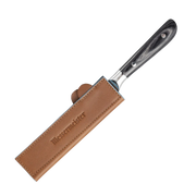 Messermeister - Leather Magnetic Edge-Guard - 8.5: Brown leather sheath with embossed logo, partially covering a black-handled knife, offering secure blade protection with magnetic closure.