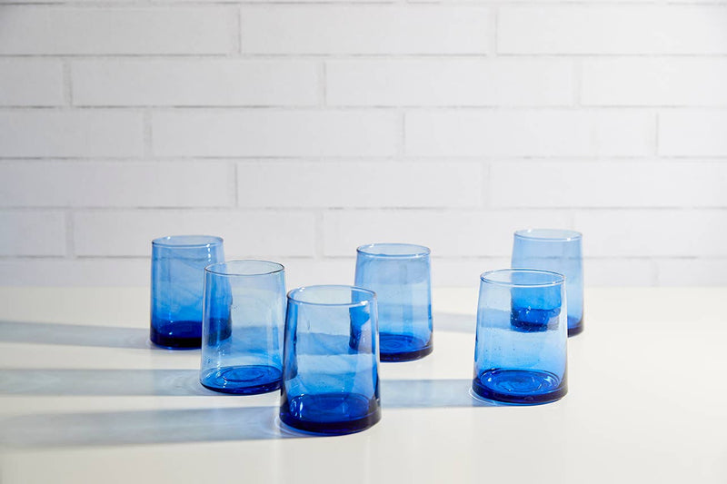 Moroccan Cone Glassware Small - Blue - Set of 6: Hand-blown glasses with visible bubbles, made from recycled bottles, ideal for beverages or as decorative vases.
