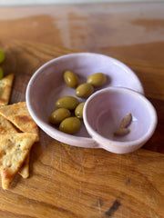 ROB Ceramics - Olive Serving Bowl Handmade: White, featuring two sections with green olives and pits on a wooden board, ideal for elegant entertaining or gifting.
