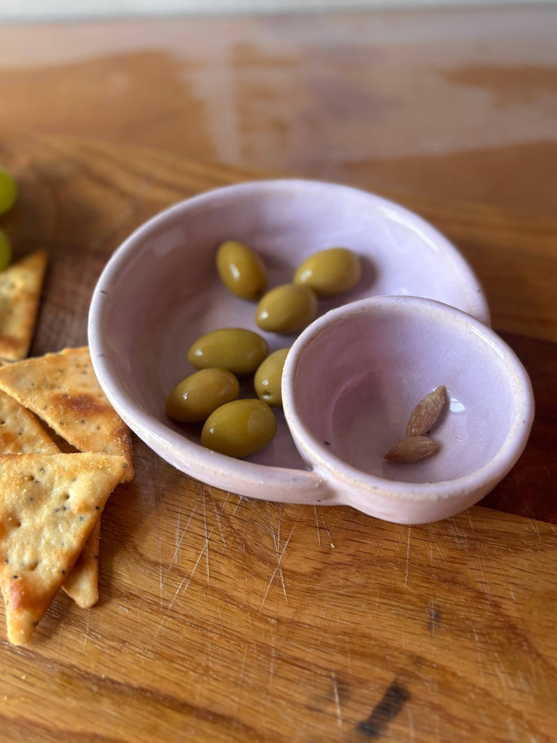 ROB Ceramics - Olive Serving Bowl Handmade: White, featuring two sections with green olives and pits on a wooden board, ideal for elegant entertaining or gifting.