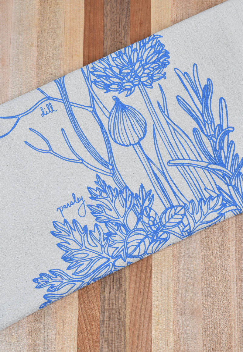 Hearth and Harrow | Kitchen Herbs Tea Towel in Blue-violet - Plant Print Cloth