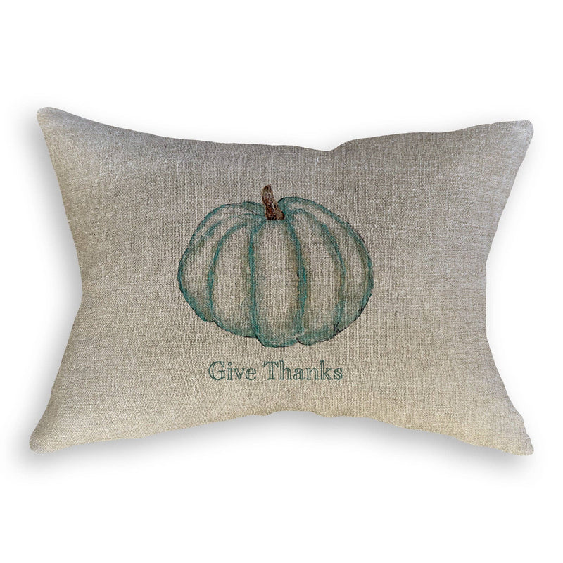 French Graffiti - Blue Pumpkin pillow features a teal pumpkin and Give Thanks text on linen, perfect for adding seasonal charm to home decor.