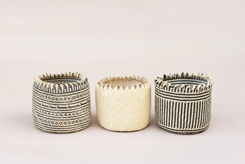 NEEPA HUT - Handmade Eco Storage Basket: Beige, intricately woven by Bidayuh artisans, ideal for organizing stationery or holding houseplants, showcasing traditional craftsmanship.