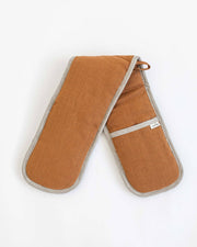 MagicLinen - Double oven mitt: Cinnamon gingham design, featuring brown fabric with gray trim and white tag, crafted from zero-waste linen for heat protection.