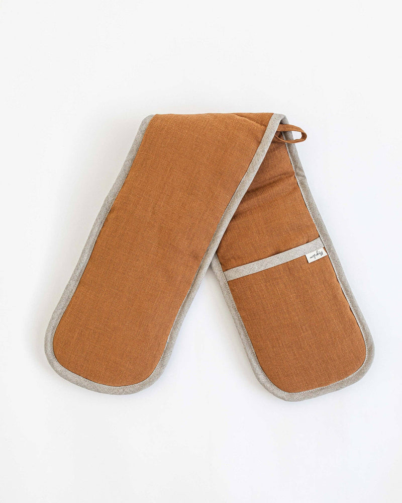 MagicLinen - Double oven mitt: Cinnamon gingham design, featuring brown fabric with gray trim and white tag, crafted from zero-waste linen for heat protection.