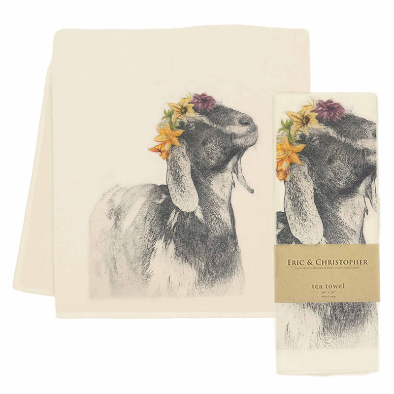 Eric & Christopher - Princess of Perkasie Goat Tea Towel, featuring a goat with flowers illustration, 100% pre-shrunk cotton, 28 x 28, screen printed in Bucks County.