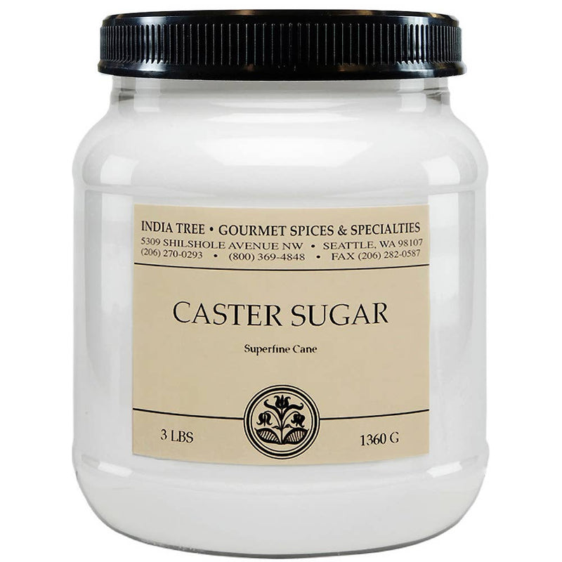 India Tree - Caster Sugar: Chef Pak (1 lb) – Case of 6, packaged in a white jar with a black lid, ideal for baking and sweetening drinks.