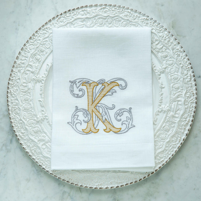 Crown Linen Designs | Vintage Vine Monogram Tri-Fold Napkin.