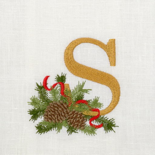 Winter Pine Monogram Towel with gold S, featuring pine boughs, cones, and red ribbon. Made from 100% linen, ideal for holiday gifting and decor.