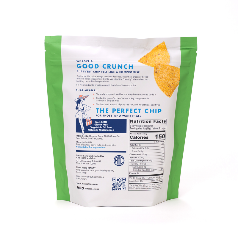 Back label of Ancient Crunch | Masa Traditional Tortilla Chips, Lime, showcasing ingredients, nutrition facts, and icons like Non-GMO and Gluten Free.