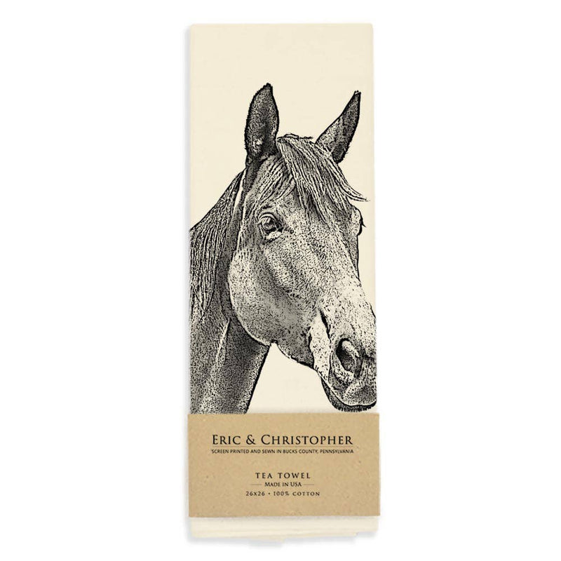 Eric & Christopher - Horse Tea Towel featuring a detailed sketch of Dreamer, a horse, screen printed on pre-shrunk cotton, measuring 28 x 28.