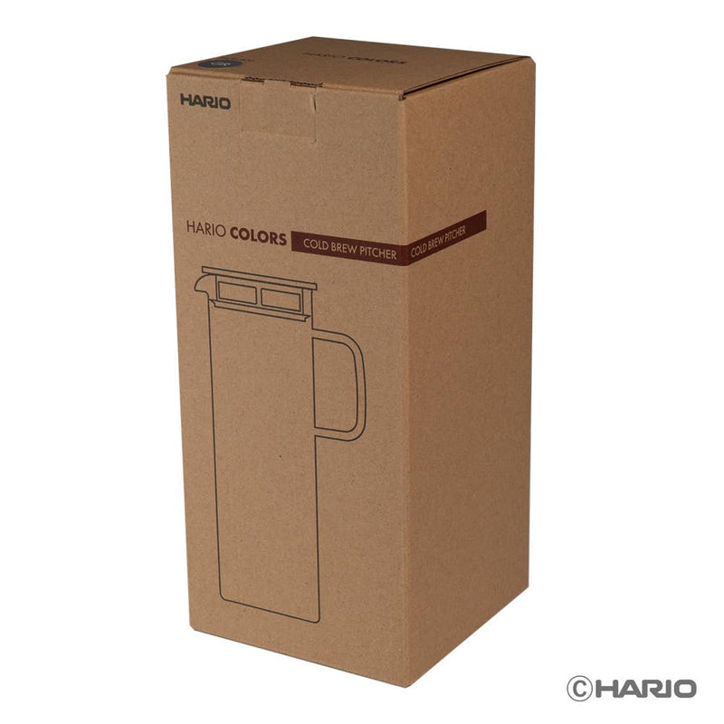 HARIO USA - HARIO Colors Glass Cold Brew Pitcher, 800ml: Amber, with retail packaging displaying logo, product title, and pitcher illustration, emphasizing heatproof glass versatility.