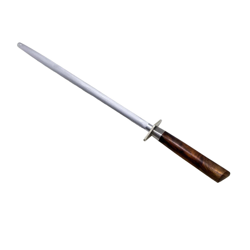 Messermeister Royale Elite Honing Steel, 10 inches, features a fine grit steel rod with a wooden handle and finger guard for precise knife maintenance.