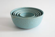 RachaelPots - Nesting Bowls Set Of Five: Nude/Light Blue, featuring stacked speckled stoneware bowls, ideal for versatile kitchen use, handcrafted in Brooklyn.