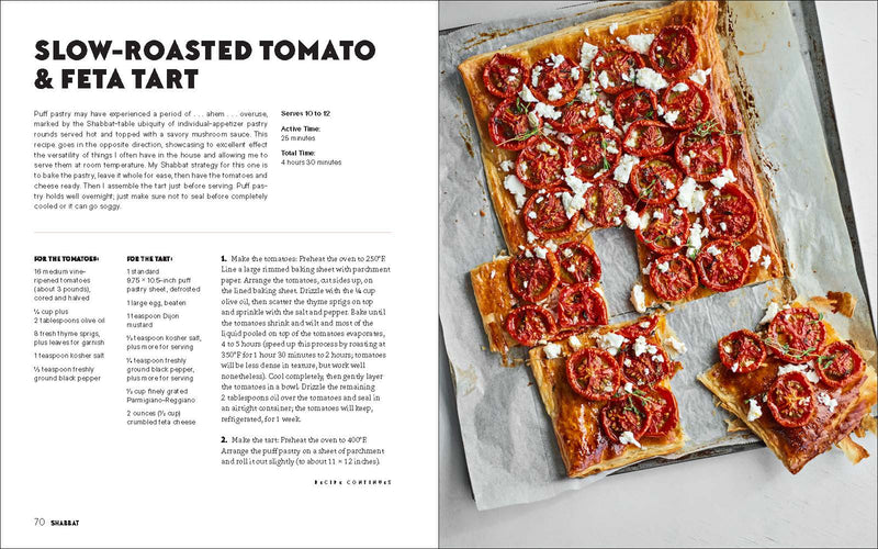 Penguin Random House LLC - Shabbat cookbook spread featuring a Slow-Roasted Tomato & Feta Tart recipe and photo, emphasizing traditional Shabbat cooking and gathering.